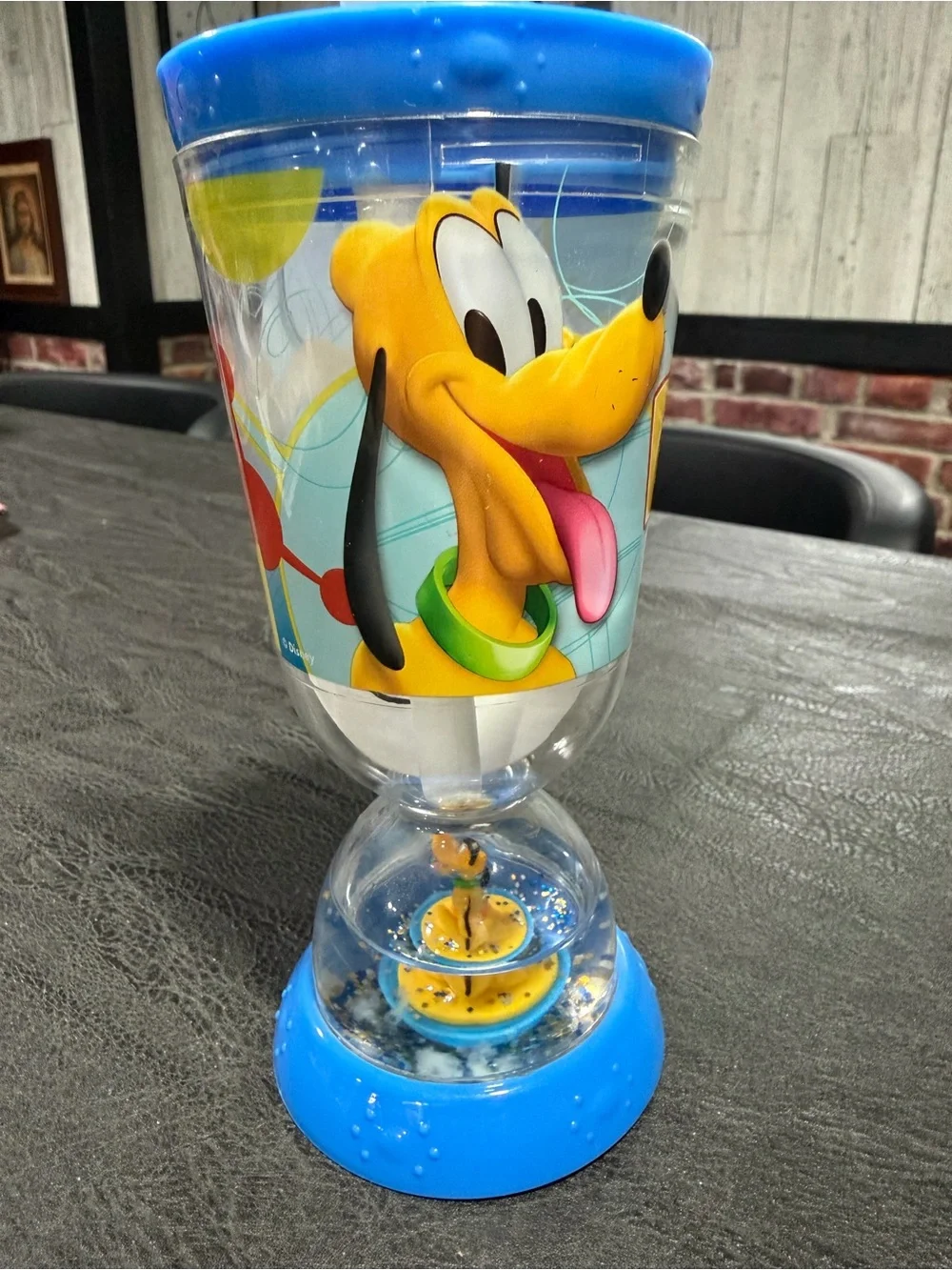 Vintage Disney Pluto Blue & Yellow Plastic Kids Party Cup with Lid and Straw